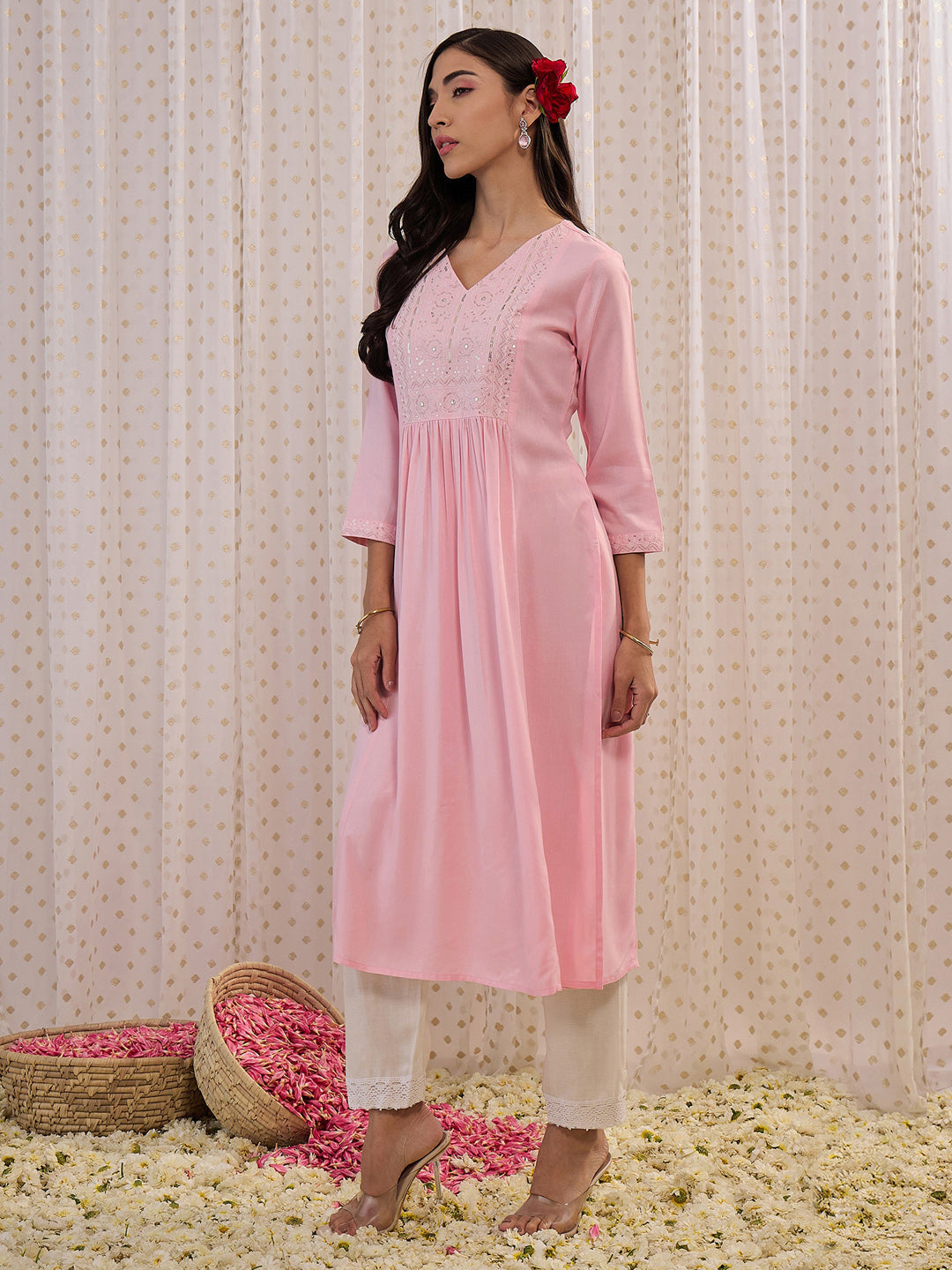 Indo Era Pink Embroidered A-Line Kurta - Distacart