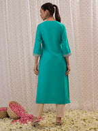 Indo Era Blue Embroidered Straight Kurta - Distacart