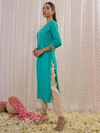 Indo Era Blue Embroidered Straight Kurta - Distacart