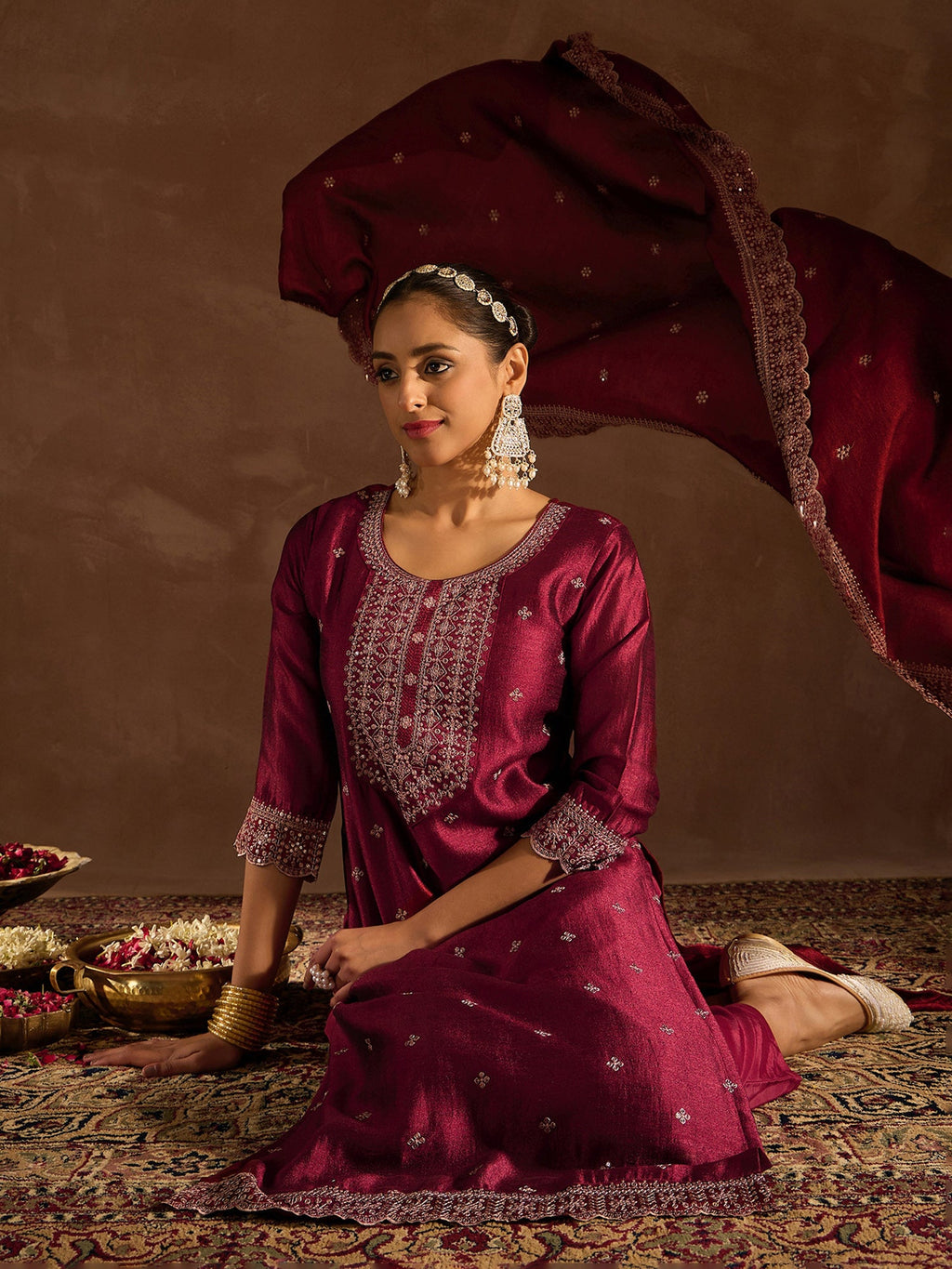 Indo Era Maroon Embroidered Straight Kurta Trousers With Dupatta set - Distacart