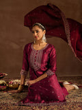 Indo Era Maroon Embroidered Straight Kurta Trousers With Dupatta set - Distacart