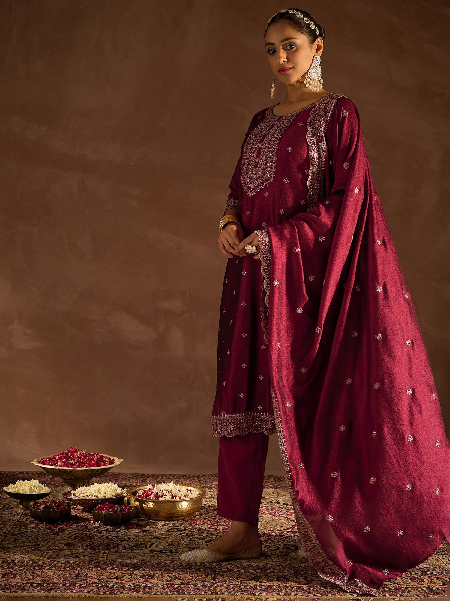 Indo Era Maroon Embroidered Straight Kurta Trousers With Dupatta set - Distacart