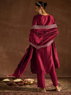 Indo Era Maroon Embroidered Straight Kurta Trousers With Dupatta set - Distacart