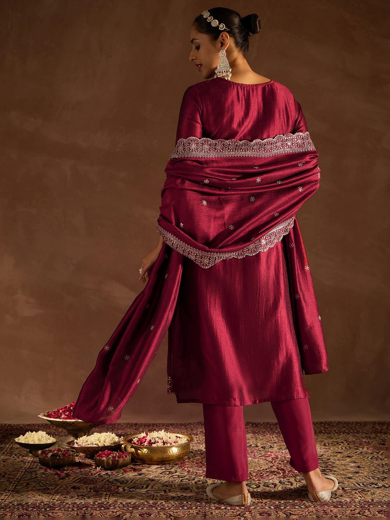 Indo Era Maroon Embroidered Straight Kurta Trousers With Dupatta set - Distacart