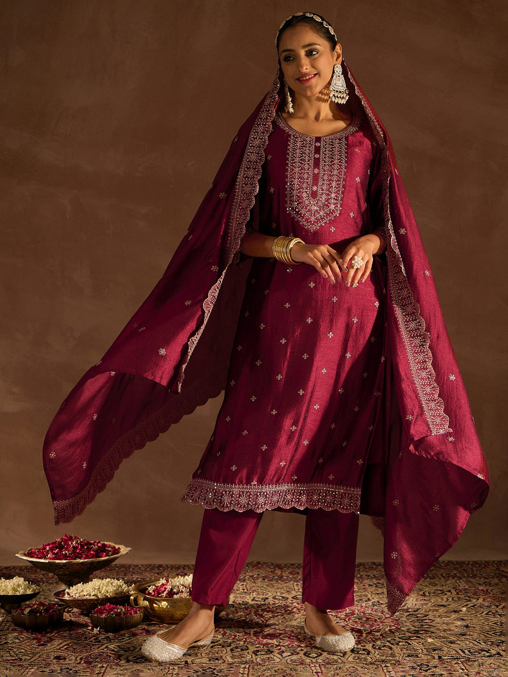 Indo Era Maroon Embroidered Straight Kurta Trousers With Dupatta set - Distacart
