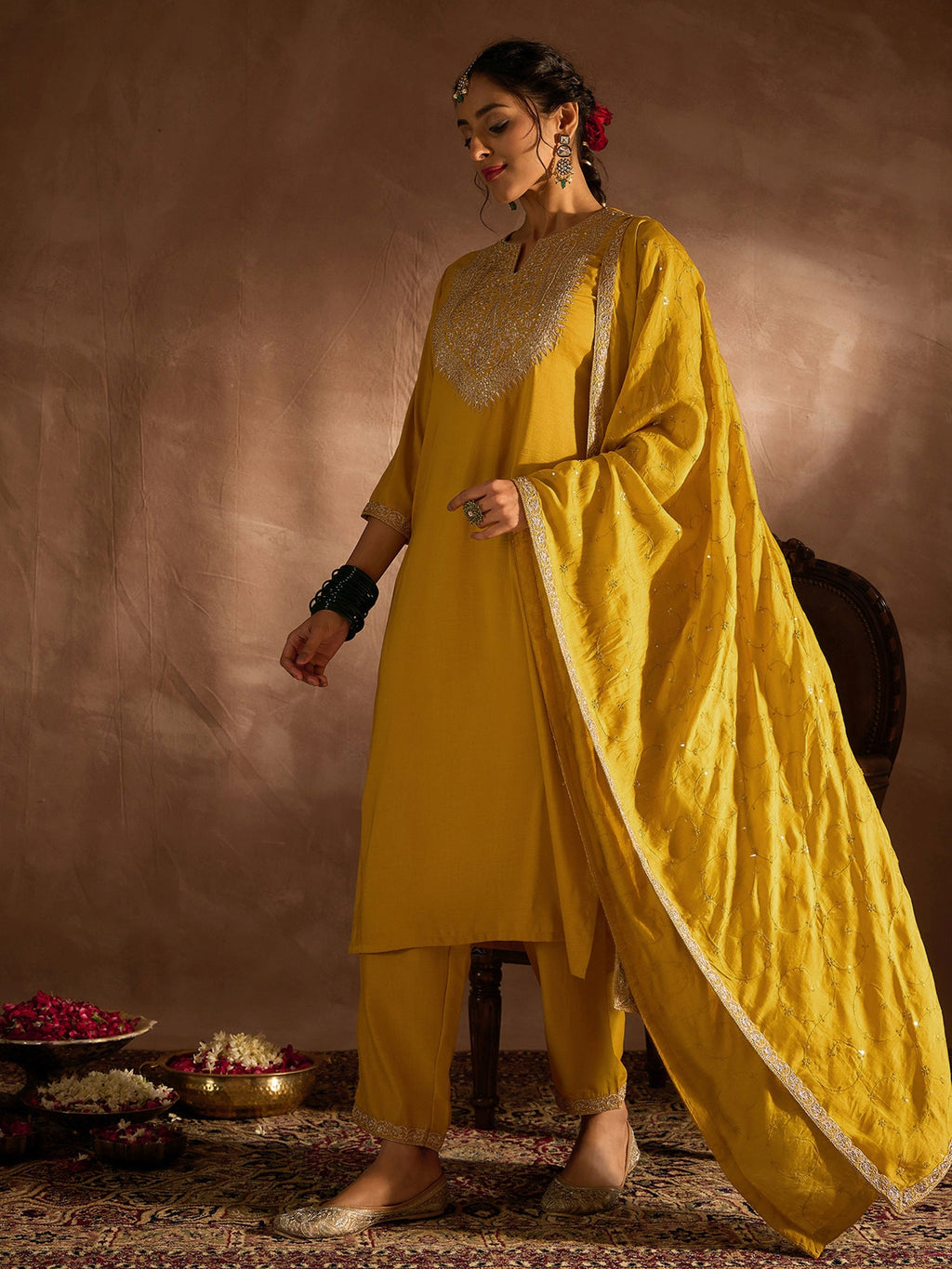 Indo Era Yellow Embroidered Straight Kurta Trousers With Dupatta set