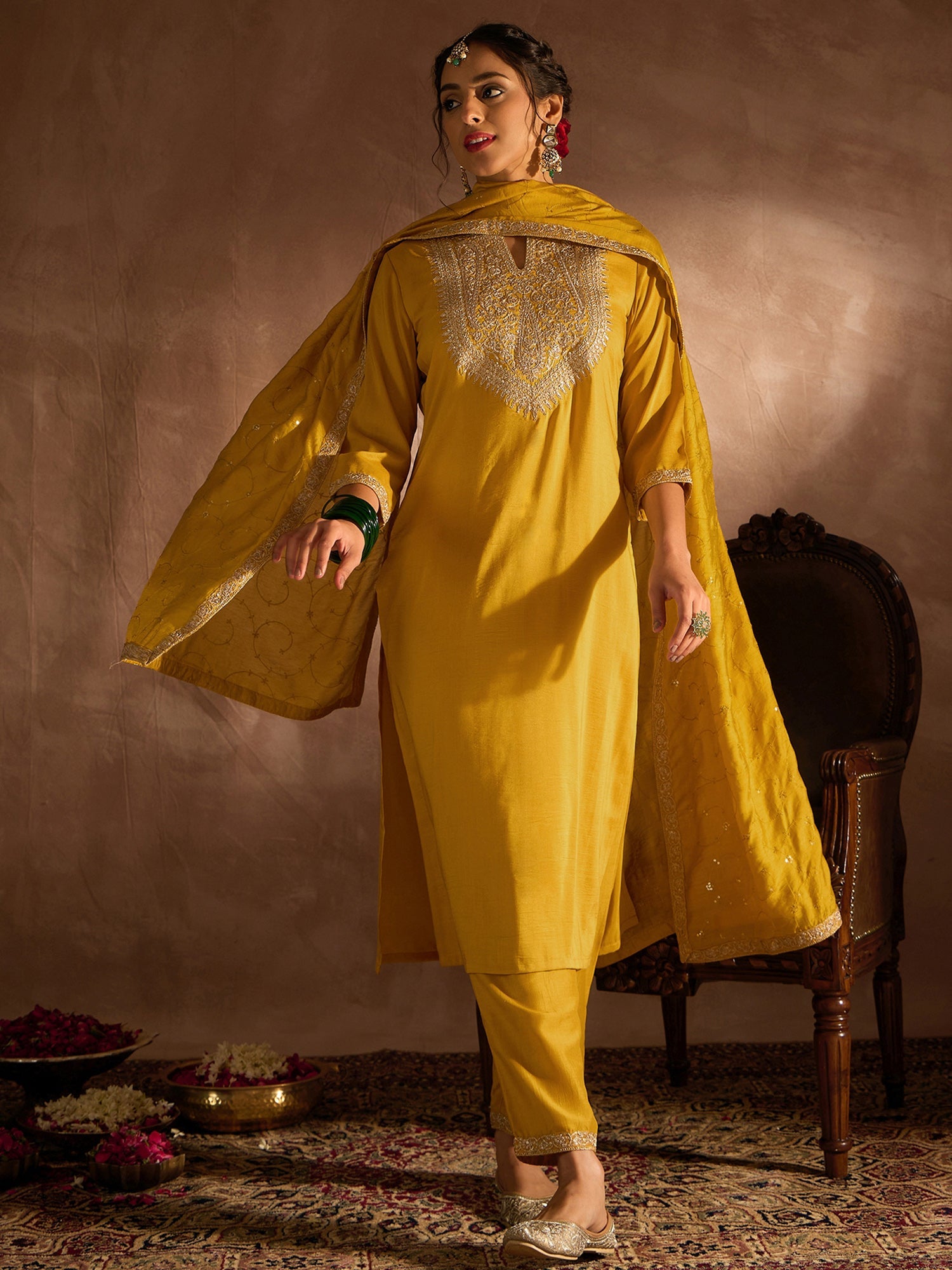 Indo Era Yellow Embroidered Straight Kurta Trousers With Dupatta set