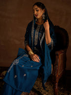 Indo Era Teal Embroidered Straight Kurta Trousers With Dupatta set - Distacart