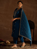 Indo Era Teal Embroidered Straight Kurta Trousers With Dupatta set - Distacart