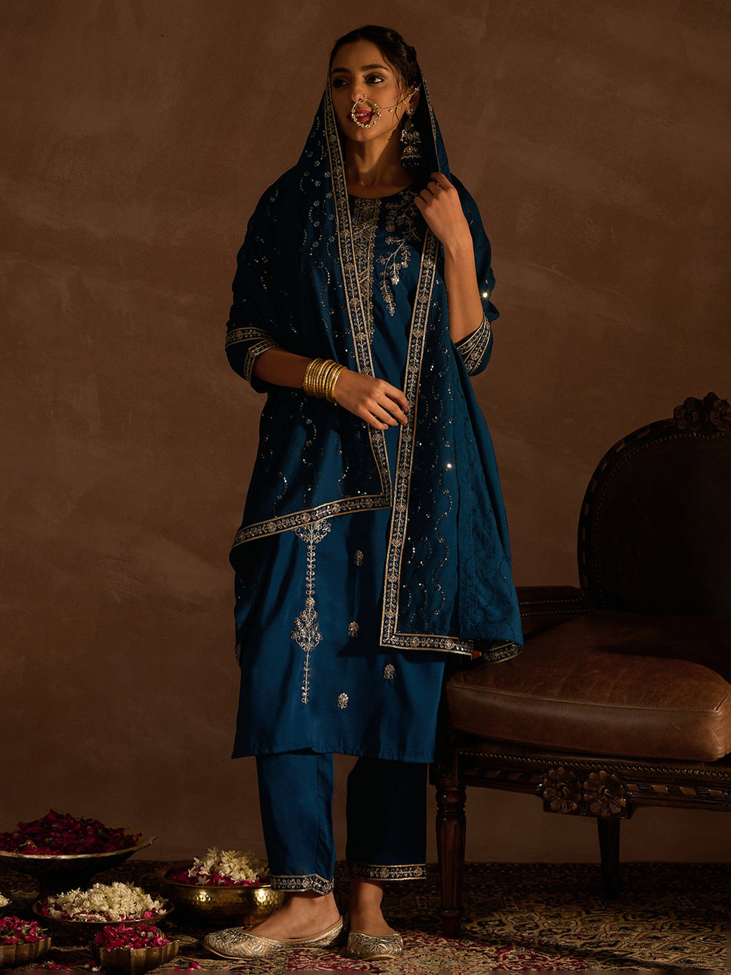 Indo Era Teal Embroidered Straight Kurta Trousers With Dupatta set - Distacart