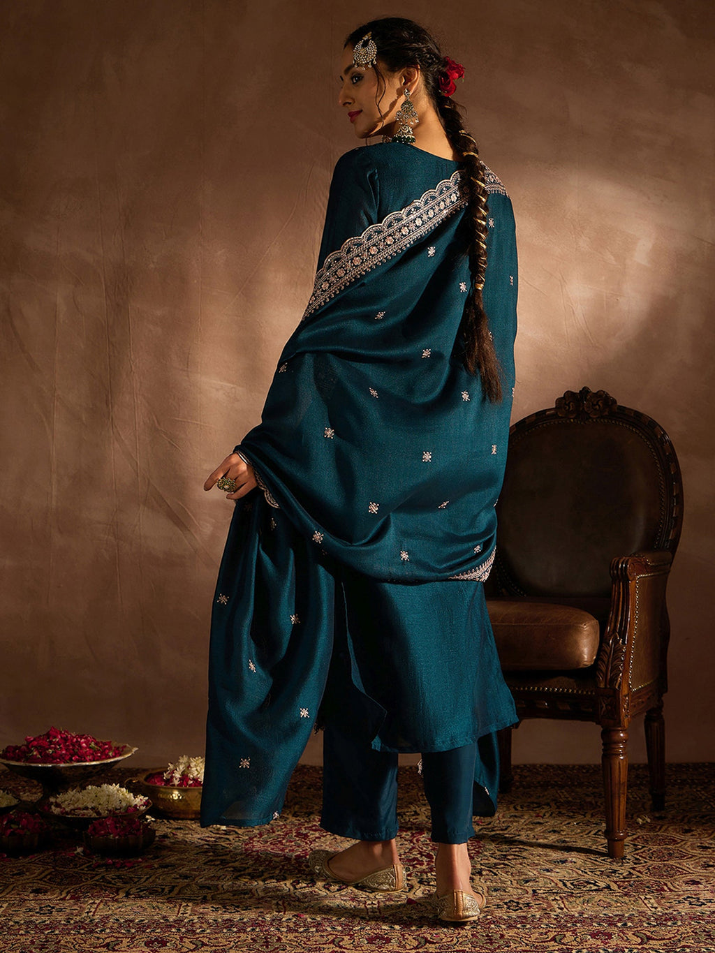 Indo Era Teal Embroidered Straight Kurta Trousers With Dupatta set - Distacart