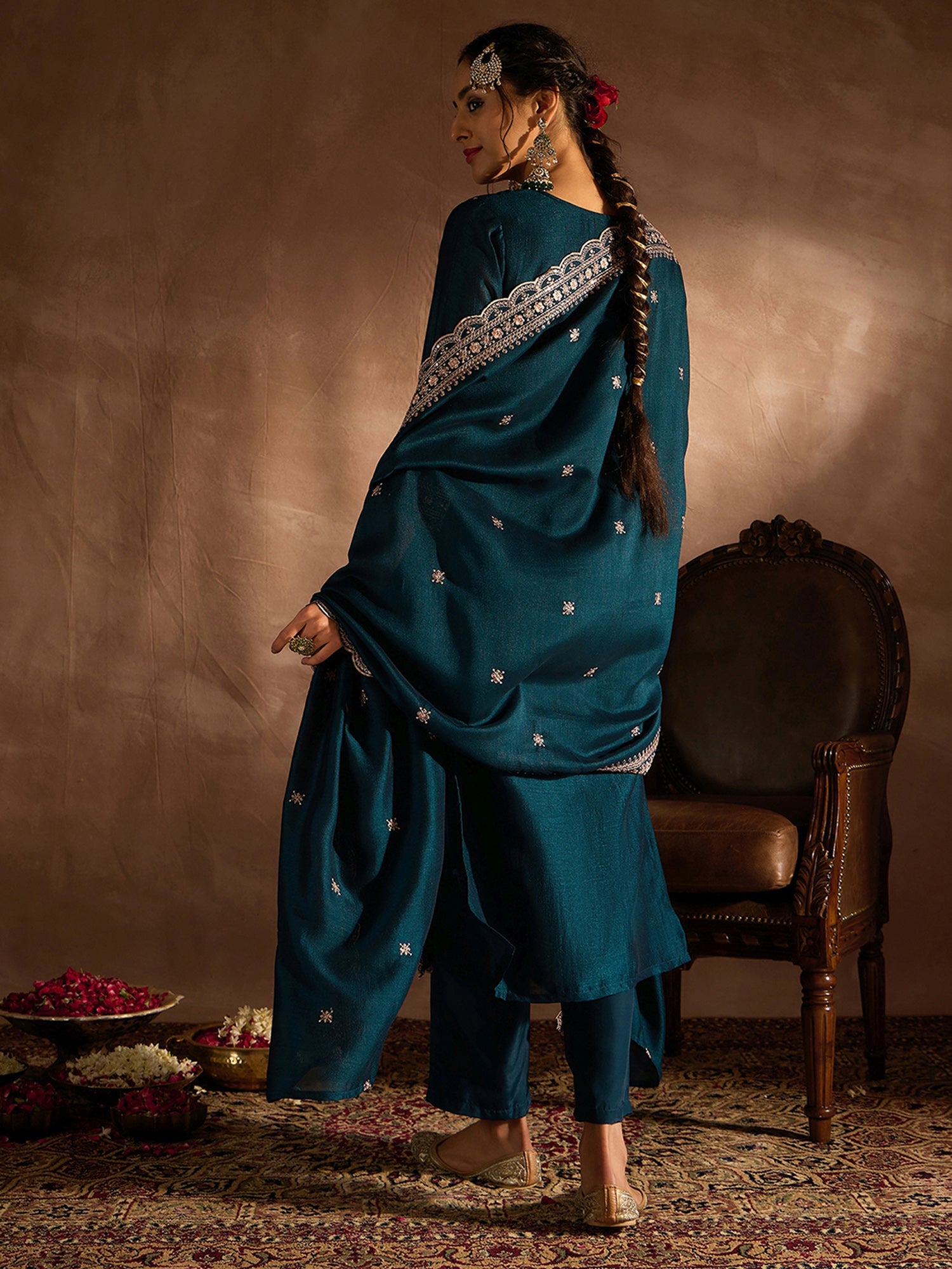 Indo Era Teal Embroidered Straight Kurta Trousers With Dupatta set - Distacart