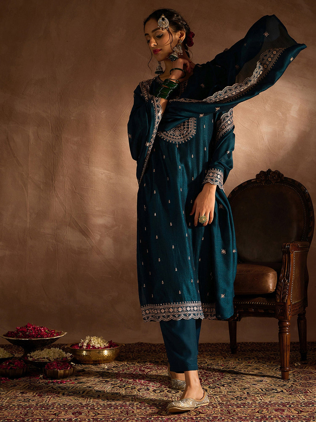 Indo Era Teal Embroidered Straight Kurta Trousers With Dupatta set - Distacart