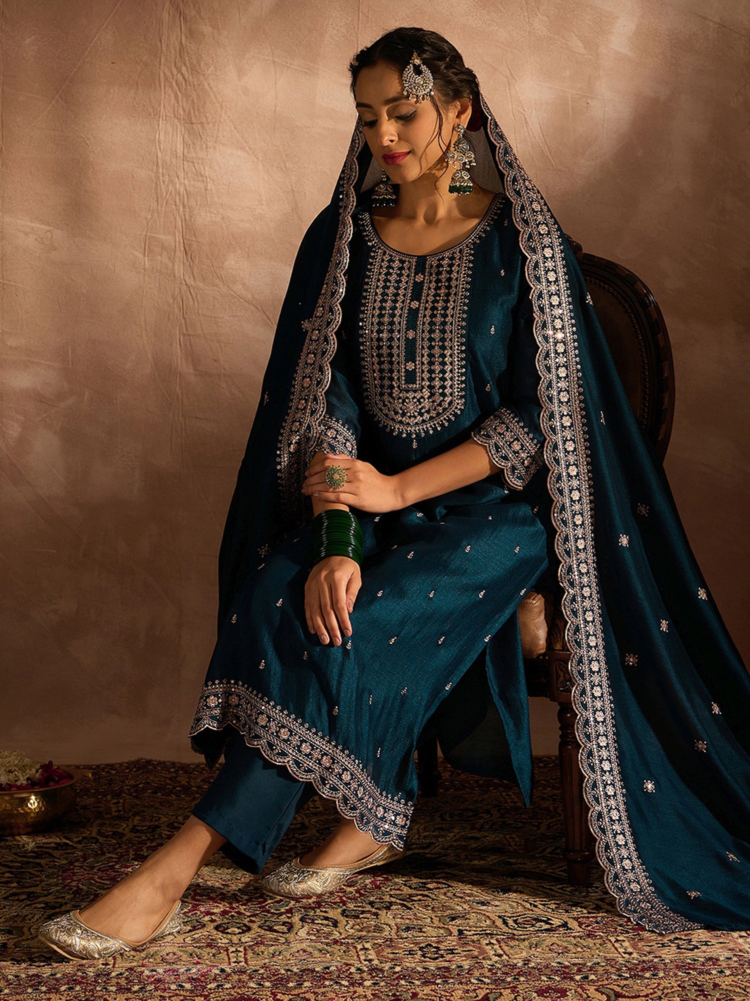 Indo Era Teal Embroidered Straight Kurta Trousers With Dupatta set - Distacart