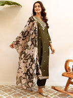 Indo Era Green Embroidered Straight Kurta Salwar With Dupatta set - Distacart