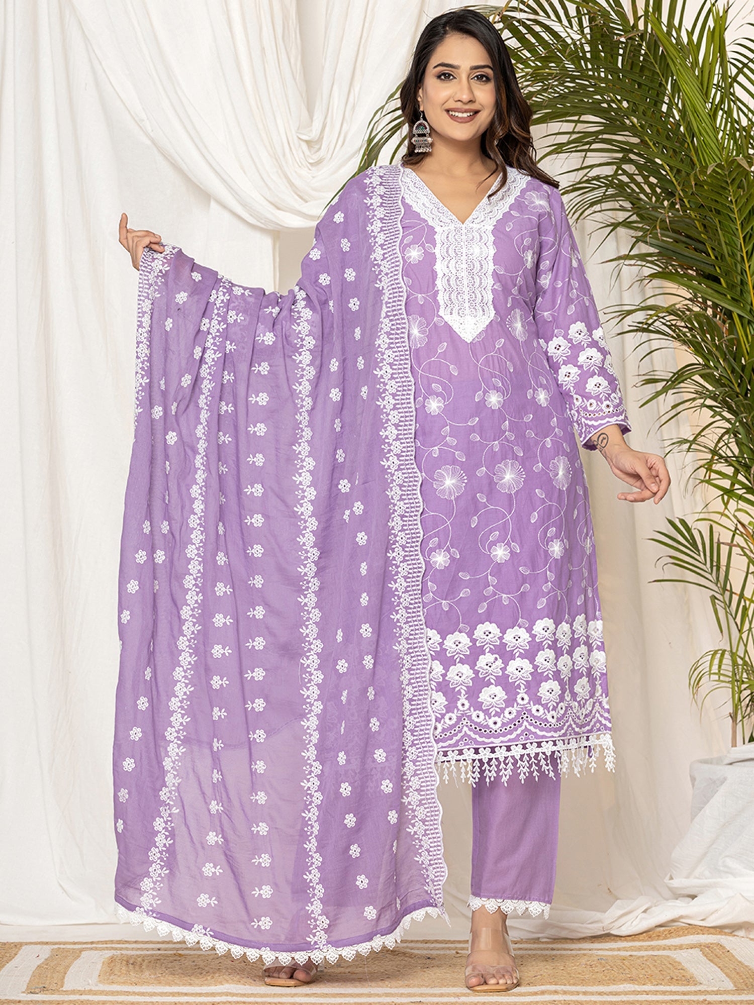 Indo Era Lavender Embroidered Straight Kurta Trousers set - Distacart