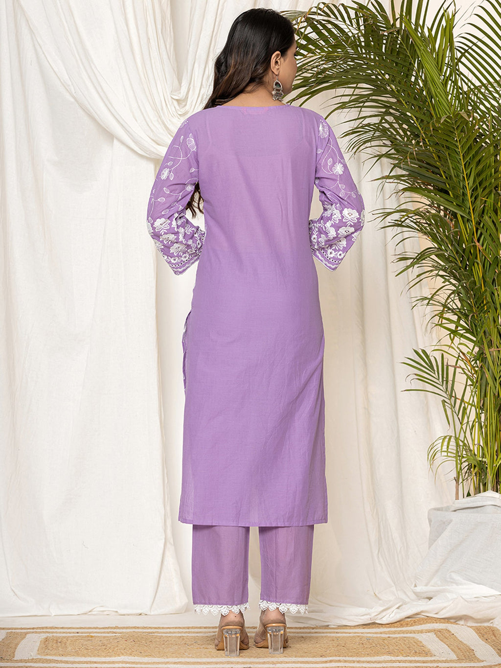 Indo Era Lavender Embroidered Straight Kurta Trousers set - Distacart