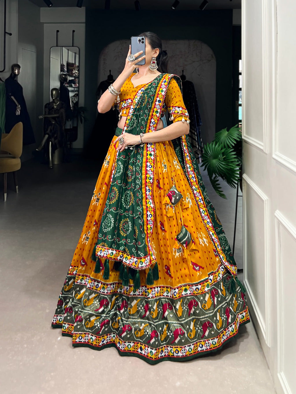 Lorenvalley Mustard Tussar Silk Patola Print with Gamthi Work Lace and Foil Work Lehenga Choli with Dupatta