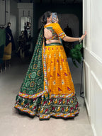 Lorenvalley Mustard Tussar Silk Patola Print with Gamthi Work Lace and Foil Work Lehenga Choli with Dupatta