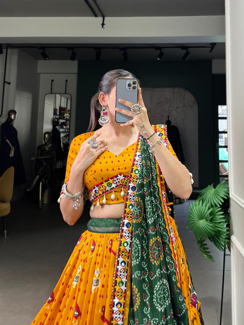 Lorenvalley Mustard Tussar Silk Patola Print with Gamthi Work Lace and Foil Work Lehenga Choli with Dupatta