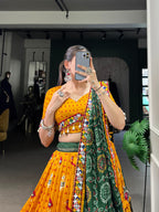 Lorenvalley Mustard Tussar Silk Patola Print with Gamthi Work Lace and Foil Work Lehenga Choli with Dupatta