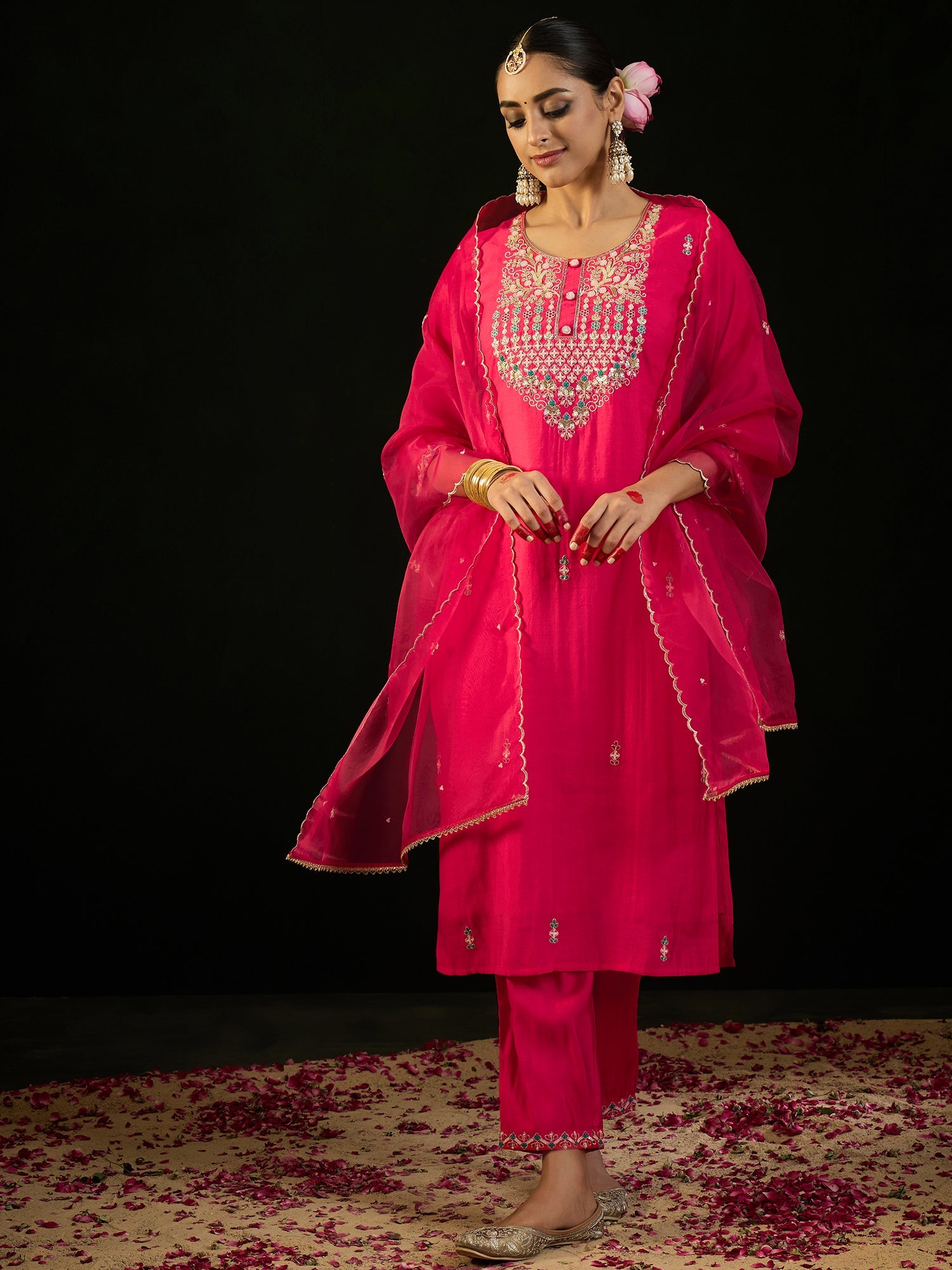 Indo Era Pink Embroidered Straight Kurta Trousers With Dupatta Set - Distacart