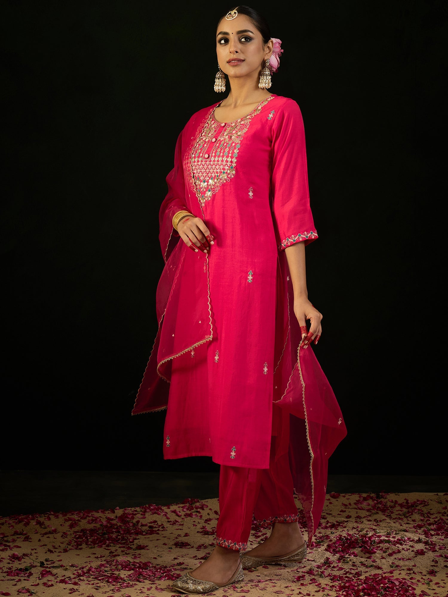 Indo Era Pink Embroidered Straight Kurta Trousers With Dupatta Set - Distacart