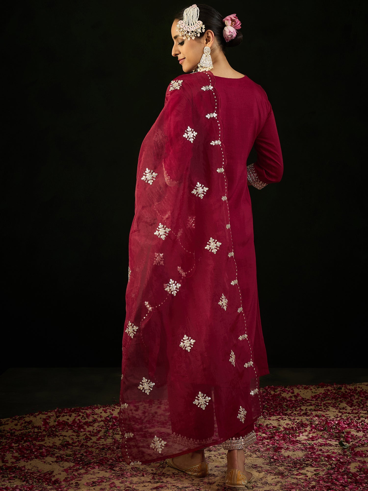 Indo Era Maroon Embroidered Straight Kurta Trousers With Dupatta set - Distacart