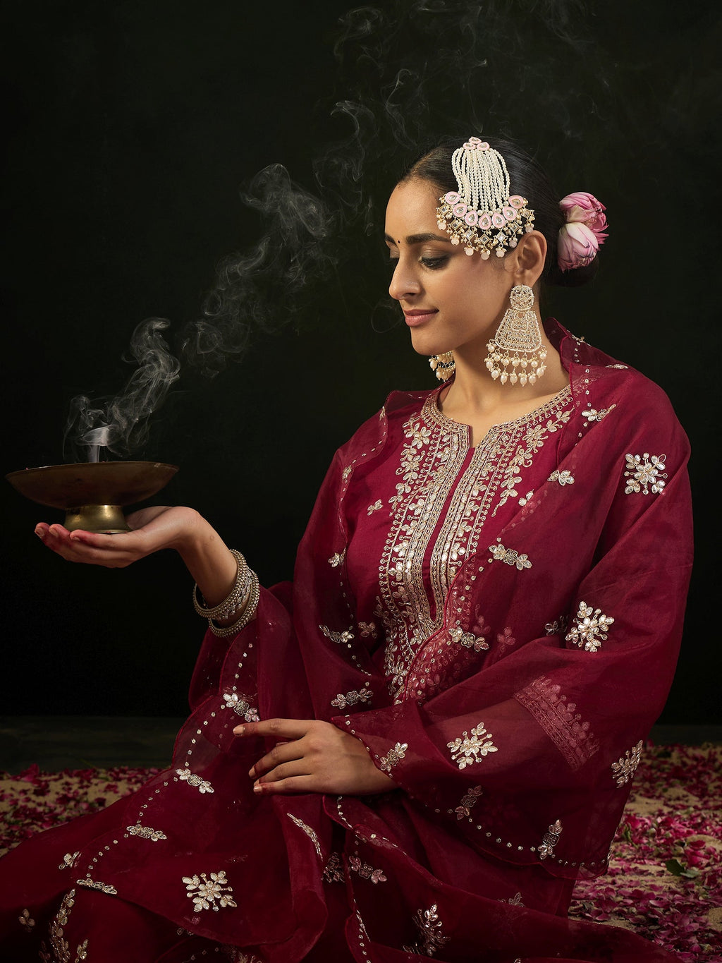 Indo Era Maroon Embroidered Straight Kurta Trousers With Dupatta set - Distacart