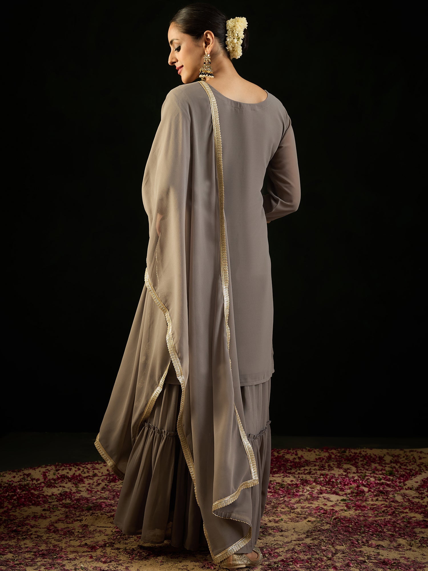 Indo Era Grey Embroidered Straight Kurta Sharara With Dupatta set - Distacart