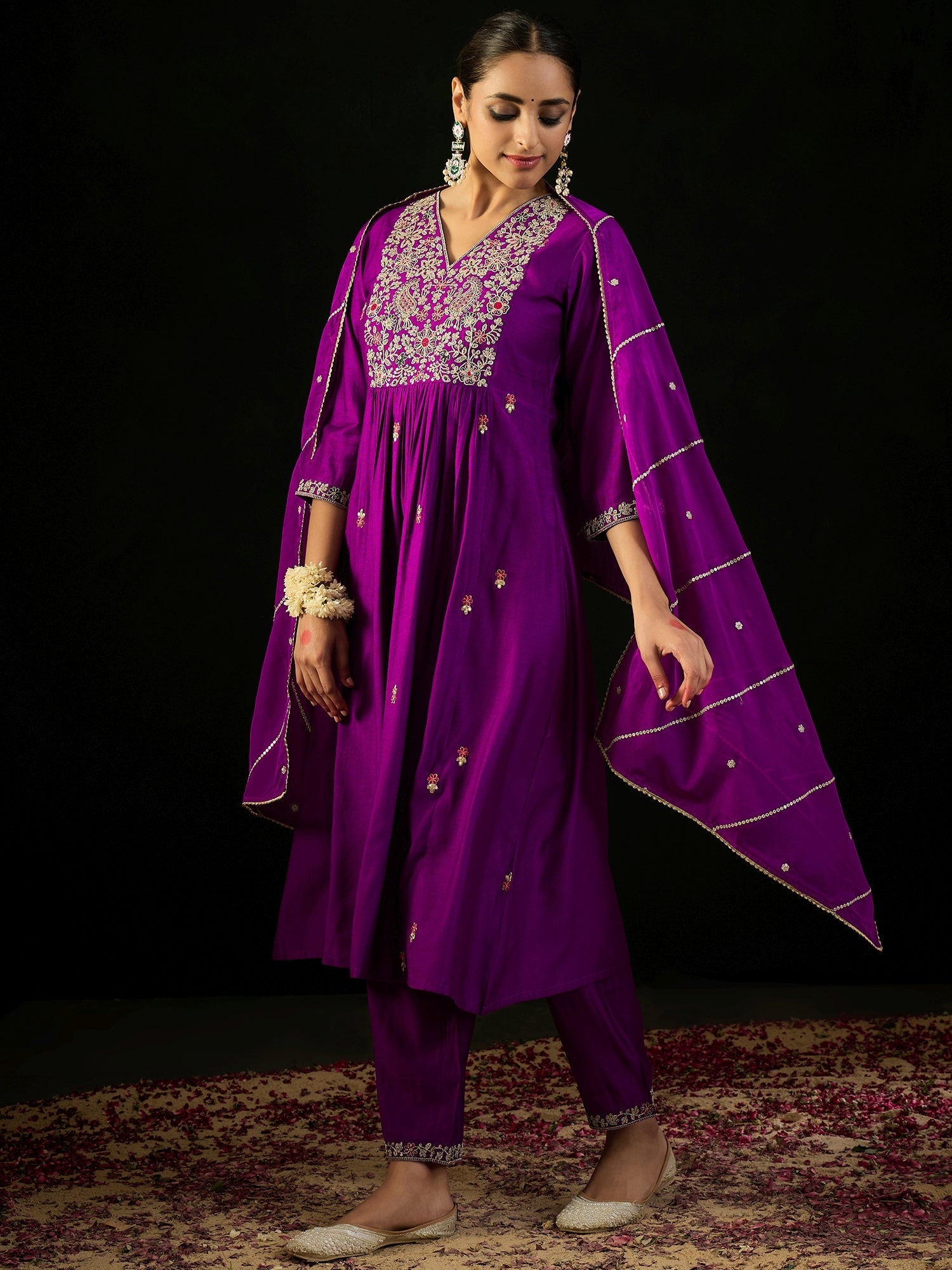 Indo Era Purple Embroidered A-Line Kurta Trousers With Dupatta set - Distacart