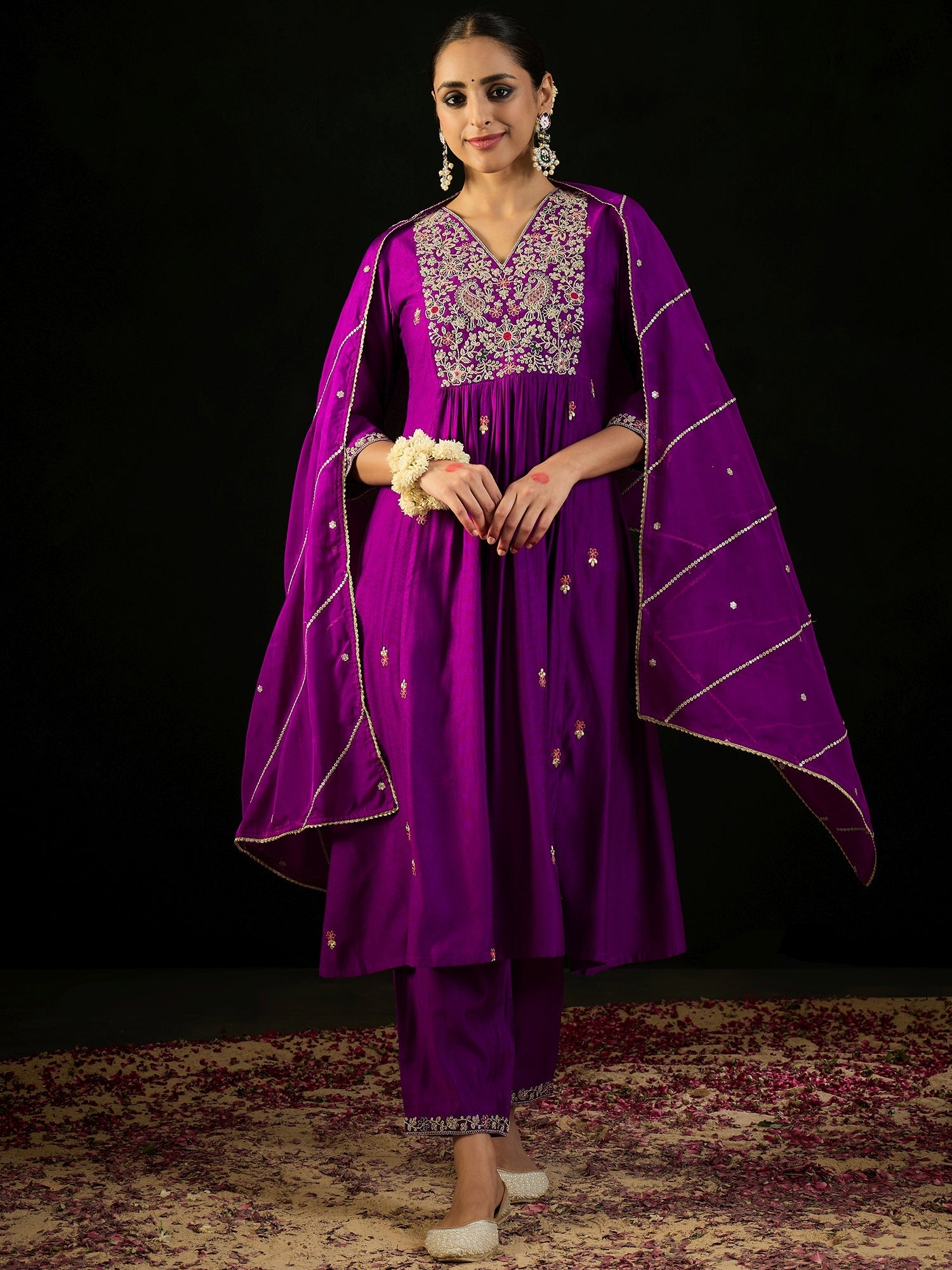 Indo Era Purple Embroidered A-Line Kurta Trousers With Dupatta set - Distacart