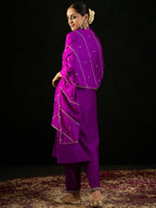 Indo Era Purple Embroidered A-Line Kurta Trousers With Dupatta set - Distacart
