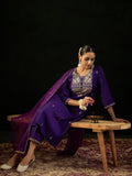 Indo Era Purple Embroidered Straight Kurta Trousers With Dupatta Set - Distacart