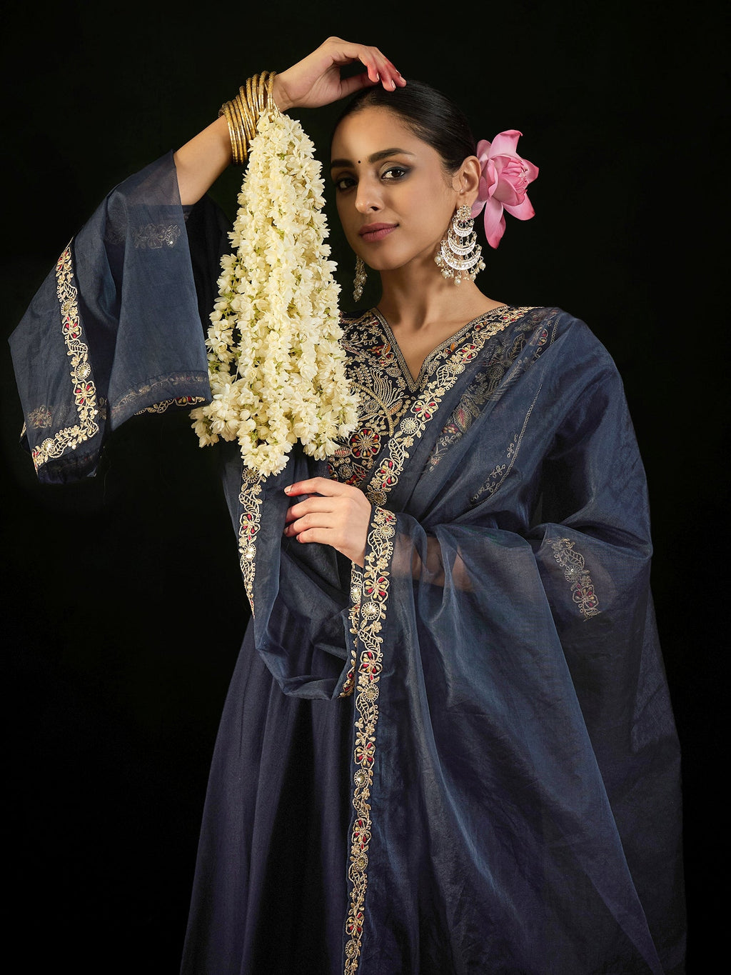 Indo Era Navy Blue Embroidered A-Line Kurta Trousers set - Distacart