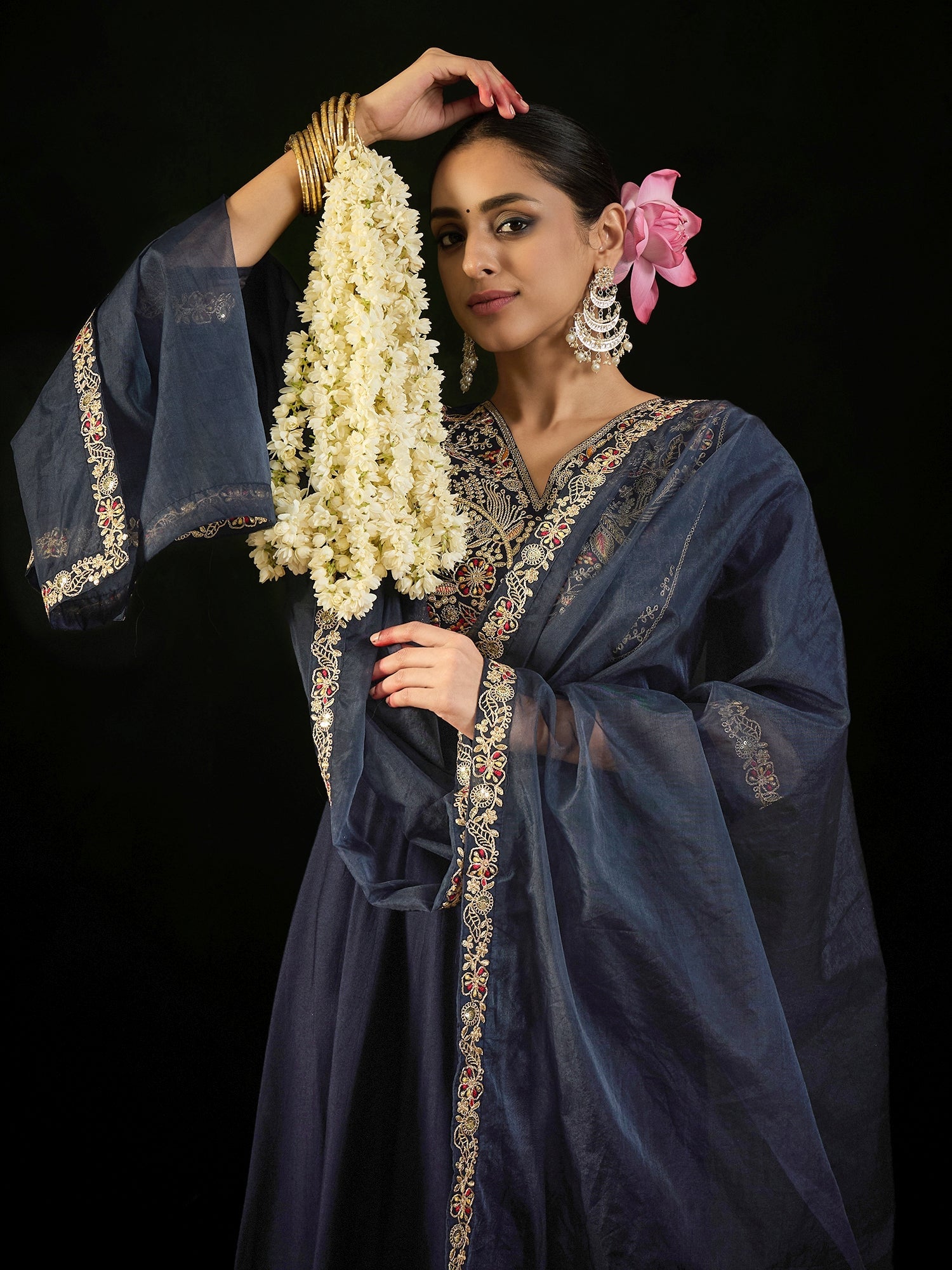 Indo Era Navy Blue Embroidered A-Line Kurta Trousers set - Distacart