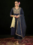 Indo Era Navy Blue Embroidered A-Line Kurta Trousers set - Distacart