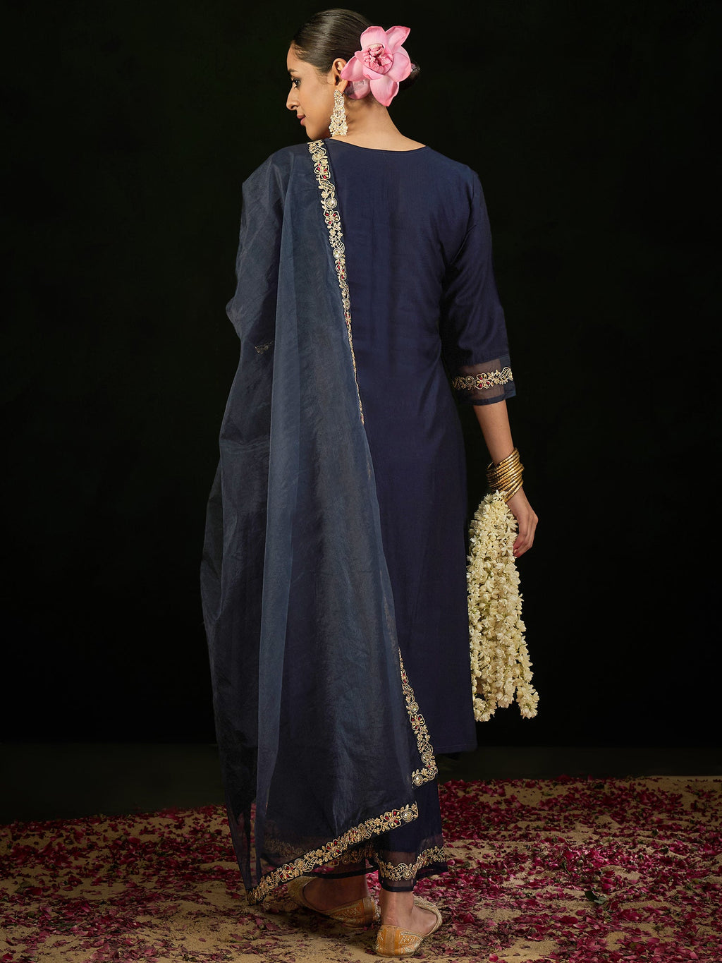 Indo Era Navy Blue Embroidered A-Line Kurta Trousers set - Distacart