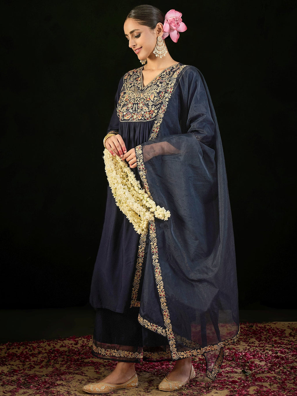Indo Era Navy Blue Embroidered A-Line Kurta Trousers set - Distacart