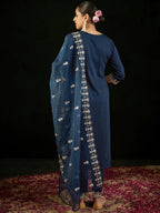 Indo Era Navy Blue Embroidered Straight Kurta Trousers With Dupatta set - Distacart