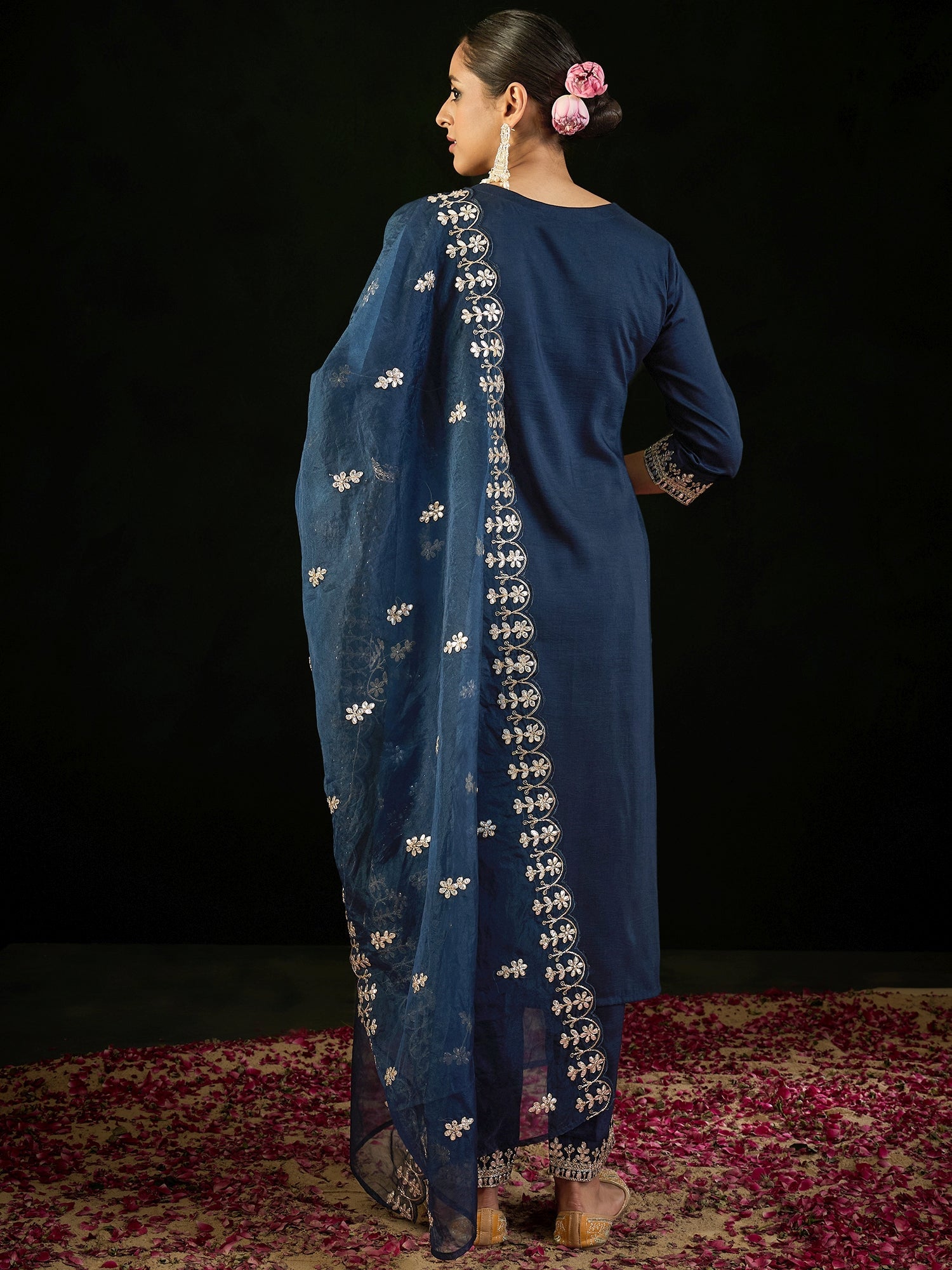 Indo Era Navy Blue Embroidered Straight Kurta Trousers With Dupatta set - Distacart