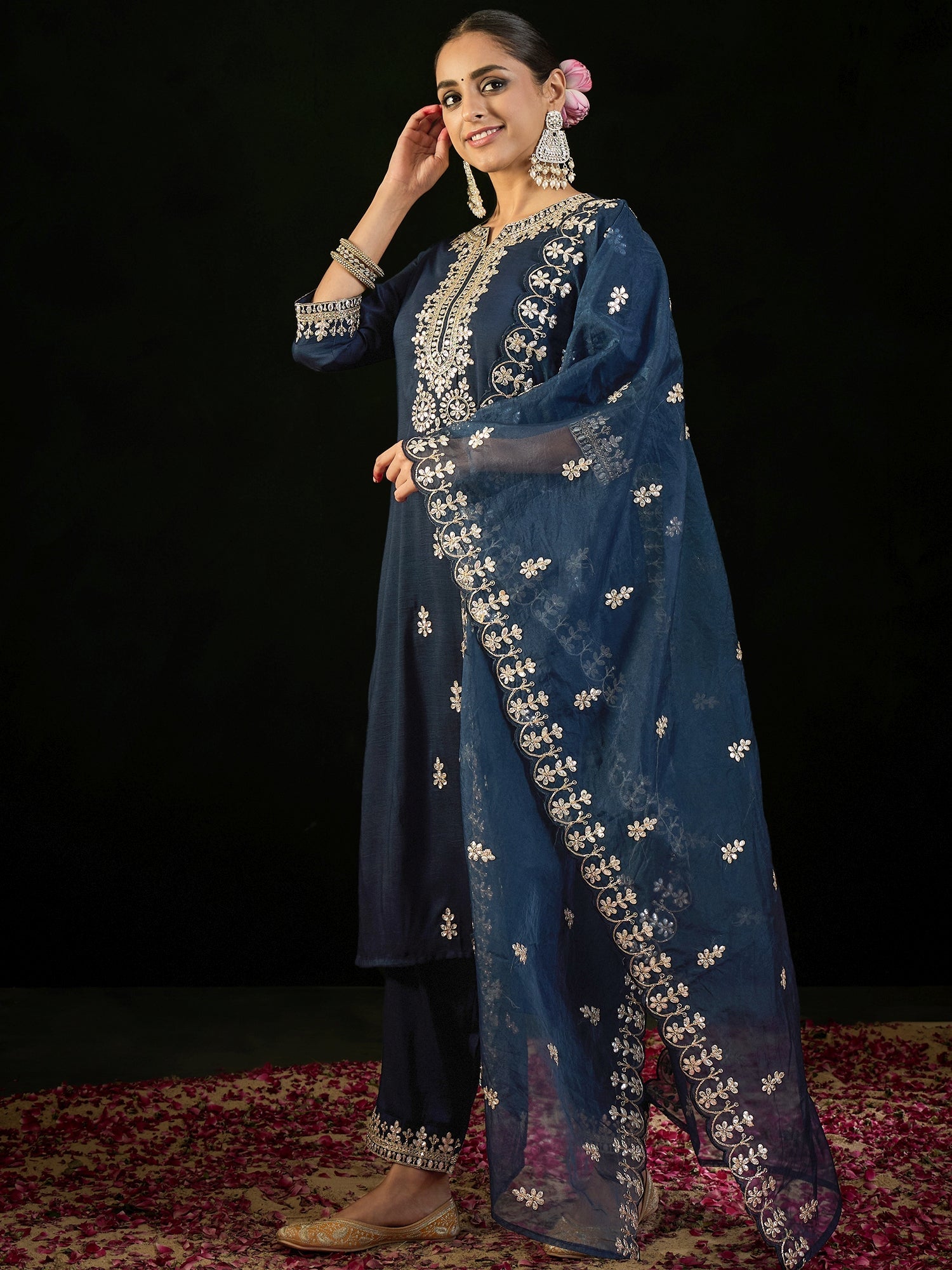 Indo Era Navy Blue Embroidered Straight Kurta Trousers With Dupatta set - Distacart
