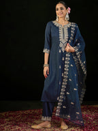 Indo Era Navy Blue Embroidered Straight Kurta Trousers With Dupatta set - Distacart
