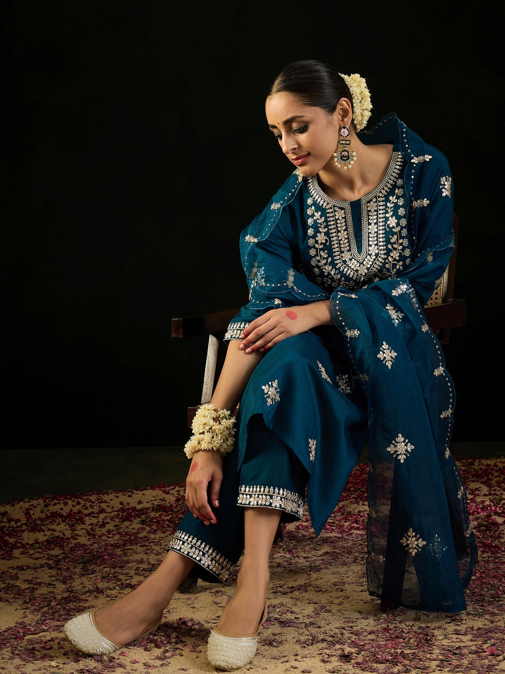 Indo Era Teal Embroidered Straight Kurta Trousers With Dupatta set - Distacart
