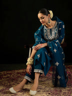 Indo Era Teal Embroidered Straight Kurta Trousers With Dupatta set - Distacart