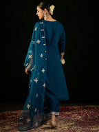 Indo Era Teal Embroidered Straight Kurta Trousers With Dupatta set - Distacart