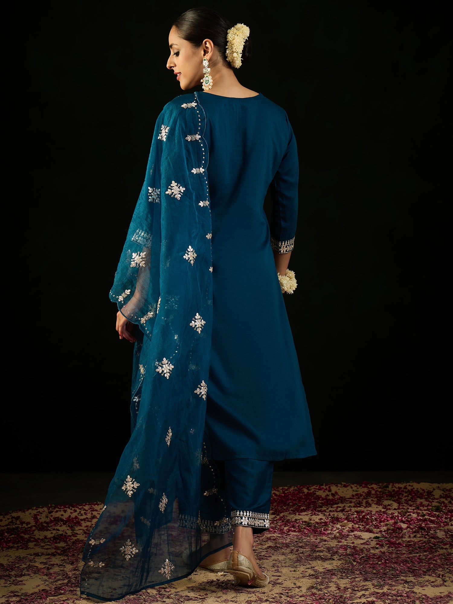 Indo Era Teal Embroidered Straight Kurta Trousers With Dupatta set - Distacart