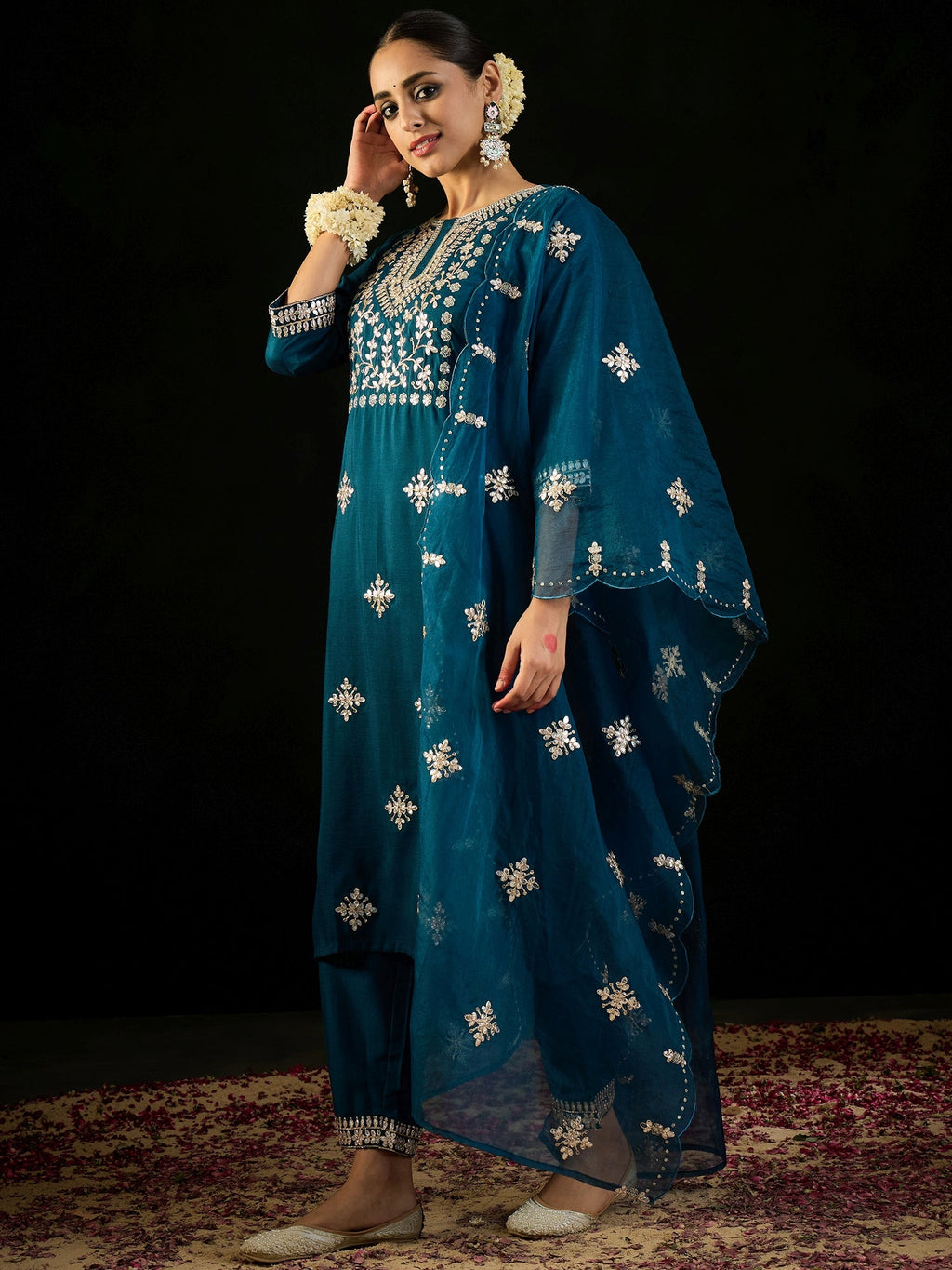Indo Era Teal Embroidered Straight Kurta Trousers With Dupatta set - Distacart