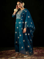 Indo Era Teal Embroidered Straight Kurta Trousers With Dupatta set - Distacart