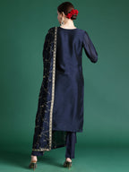 Indo Era Blue Embroidered Straight Kurta Trousers With Dupatta set - Distacart
